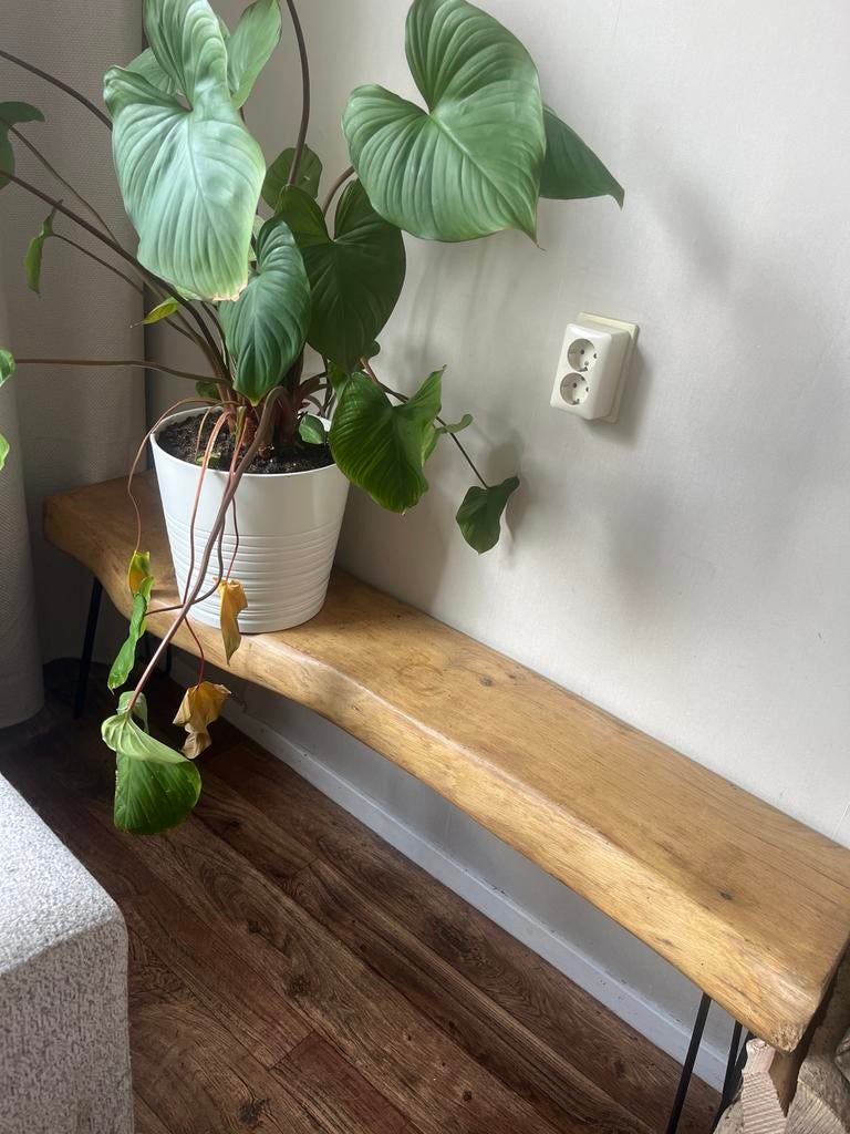 Sidetable boomstam dik blad met metalen poten, Ophalen, Gebruikt, 100 tot 150 cm, Overige vormen