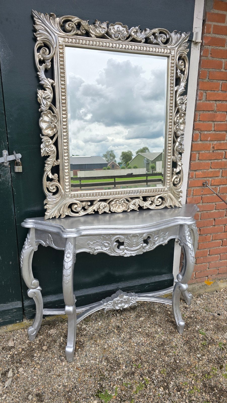 Barok spiegel en console tafel set# Kaptafel#  - Zilver, 100 tot 150 cm, Ophalen of Verzenden, Zo goed als nieuw, 75 tot 100 cm