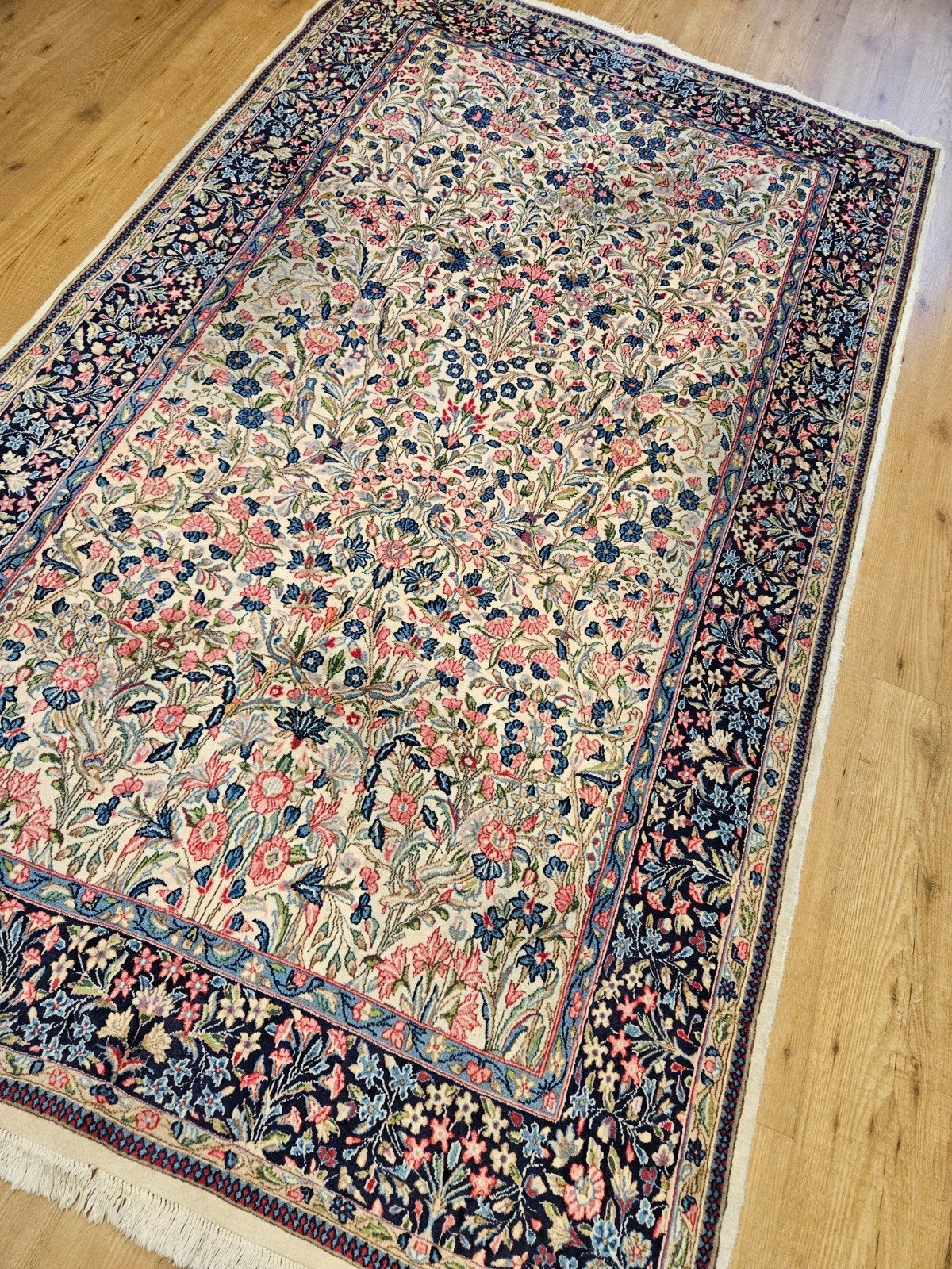 Vintage handgeknoopt perzisch tapijt kirman 256x148, Info@SlatsAntiek.nl, Tweedehands, Perzisch, 150 tot 200 cm