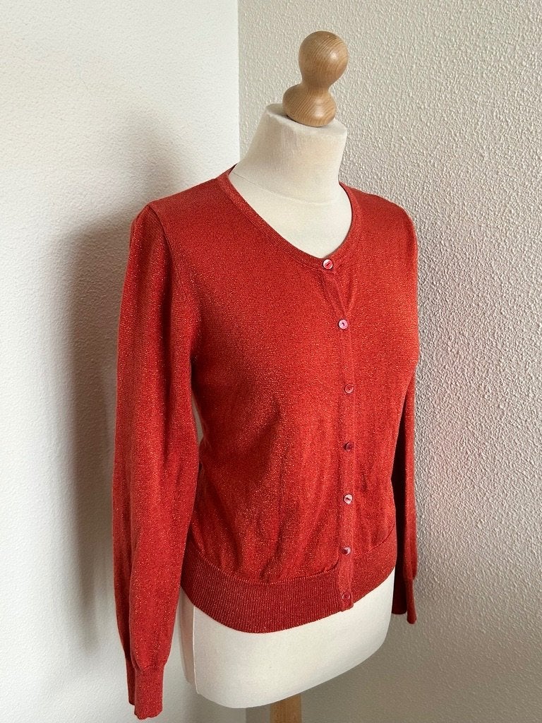 King Louie maat L roest rode glitter vest cardigan 2775, Maat 42/44 (L), Oranje, Ophalen of Verzenden, Zo goed als nieuw