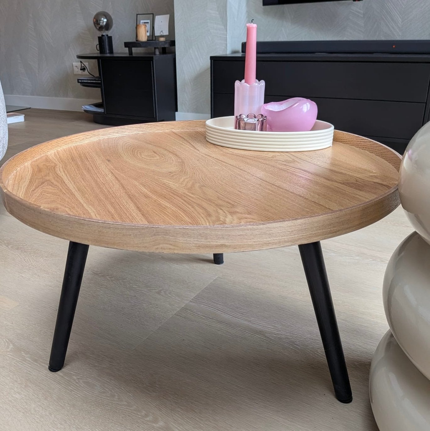 WOOOD Mesa Bijzettafel L - Hout - Naturel - 34xØ60, Ophalen, Zo goed als nieuw, Rond, 50 tot 100 cm
