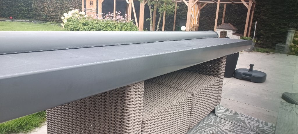 Prachtig mooie antraciete zonnescherm met antraciete doek, Ophalen, 450 cm of meer, Zo goed als nieuw, 150 tot 300 cm