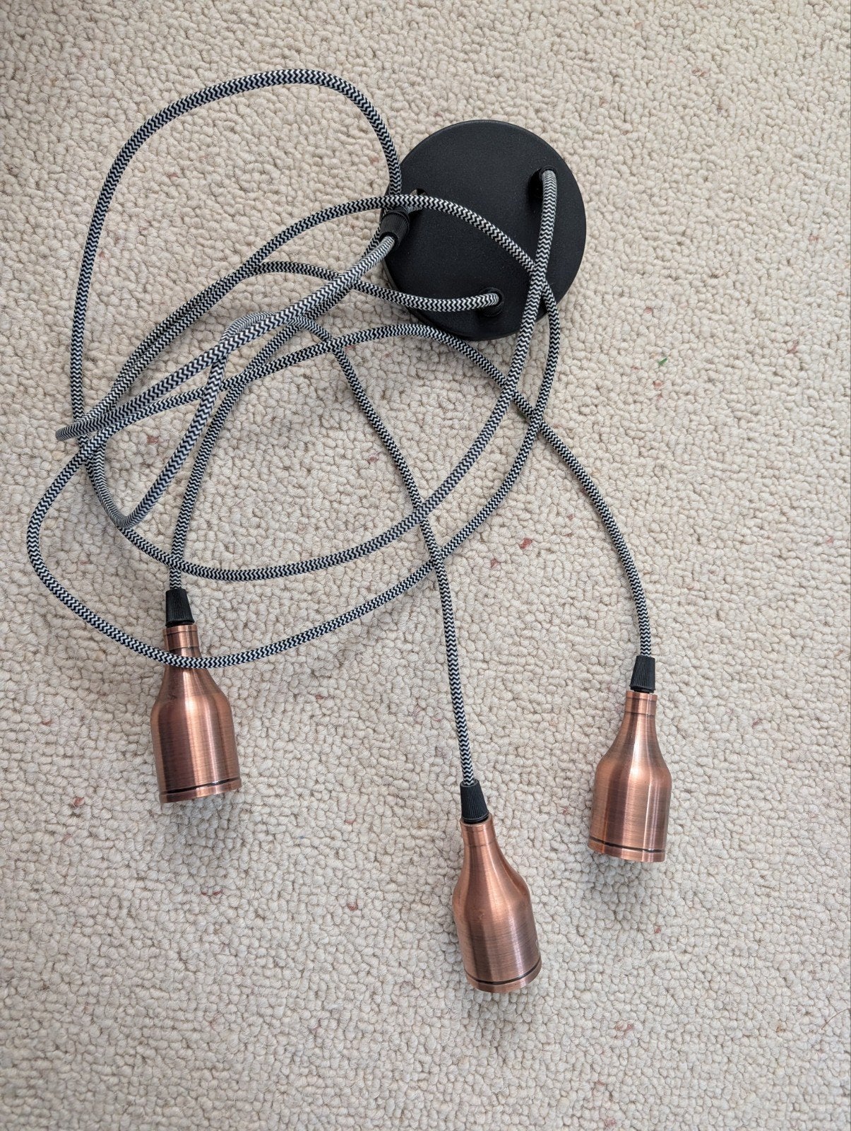 Hanglamp met 3 koperkleurige fittingen en stoffen snoer, Ophalen of Verzenden, Zo goed als nieuw, Metaal, Modern, Industrieel