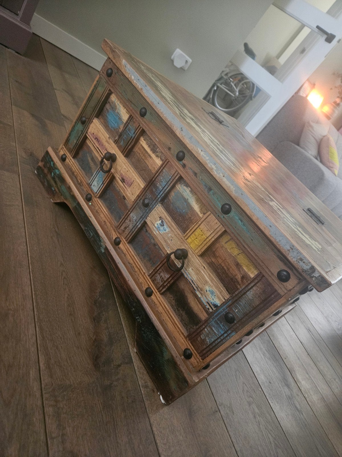 Unieke houten tafel/kist - 70x70cm, Gebruikt, 50 tot 100 cm, Vierkant, 50 tot 100 cm