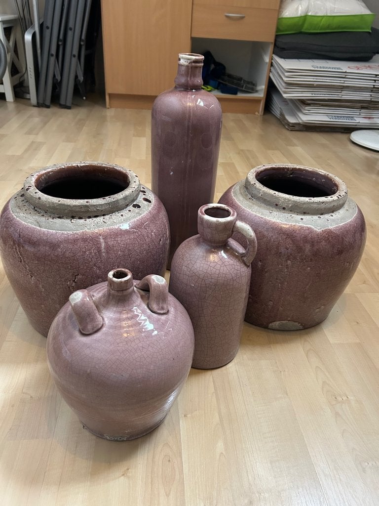 Mooie collectie van 5 roze potten van Brynxz, Gebruikt, Rond, Binnen, Aardewerk