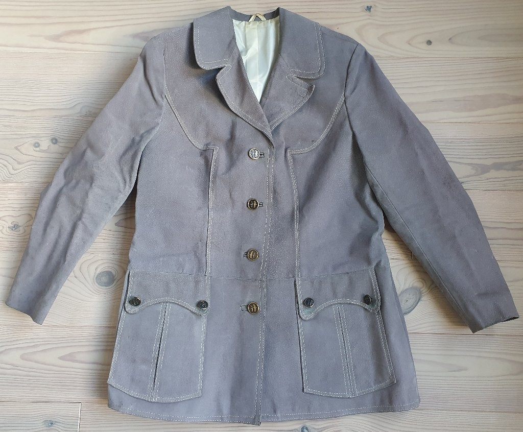 Prachtige originele paars/ grijze suède jas uit de jaren '70, Kleding | Dames, Ophalen of Verzenden, Gedragen, Maat 36 (S), Paars