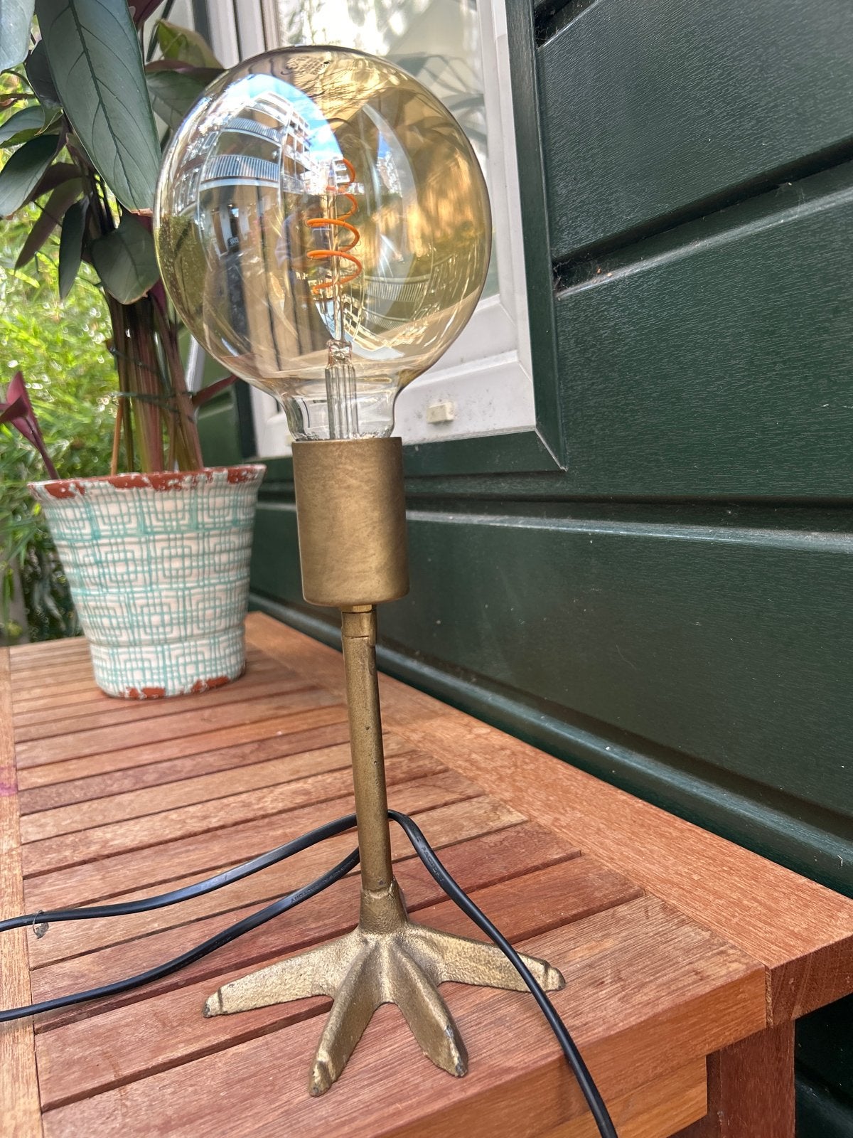 Unieke Tafellamp met Gouden Voet en Edison Lamp, Vintage, Goud, E27 (groot), Ophalen of Verzenden