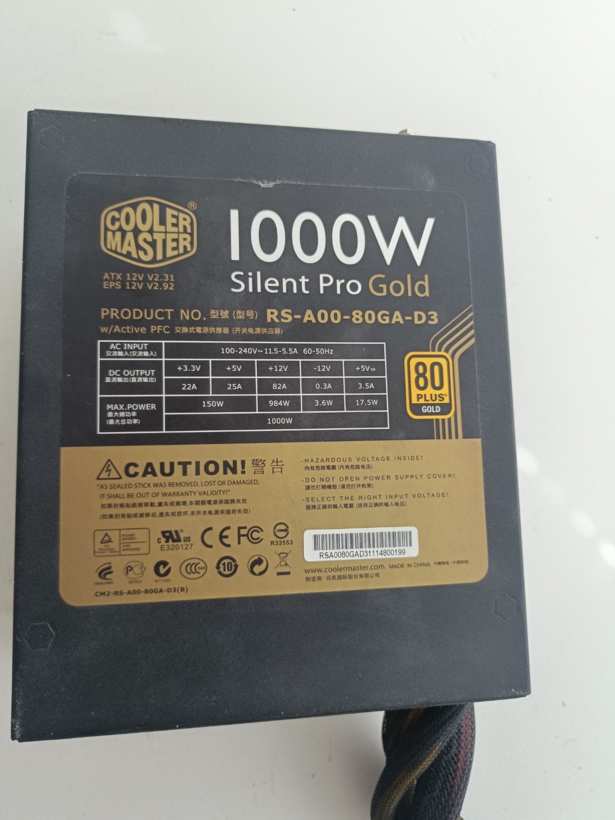 Cooler Master Silent Pro Gold 1000W Voeding, Computers en Software, Interne voedingen, Gebruikt, Ophalen of Verzenden
