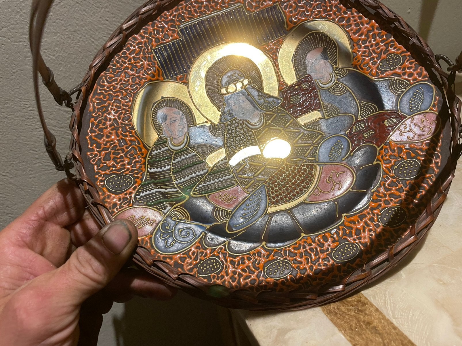 Antiek Japans Izumi Nippon bord +\-1880 Satsuma in draagmand, Ophalen of Verzenden