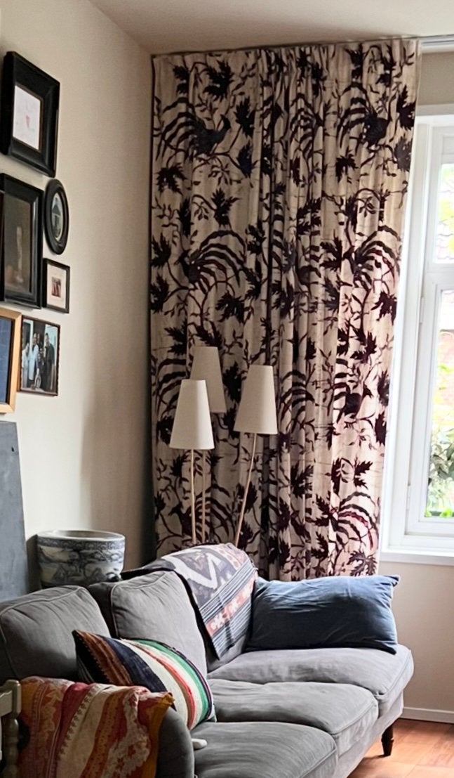 4 x gordijnen 2,95 l x 2,95 h katoen batik, Gebruikt, 295 cm, In te korten, Ophalen of Verzenden