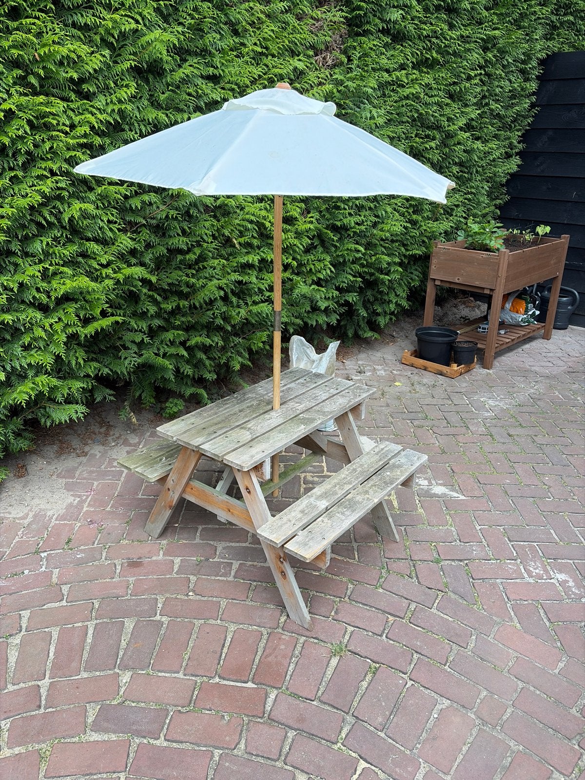 Houten Kinder Picknicktafel met Parasol, Tuin en Terras, Picknicktafels, Gebruikt, Rechthoekig, Hout, Kinderpicknicktafel, Ophalen of Verzenden