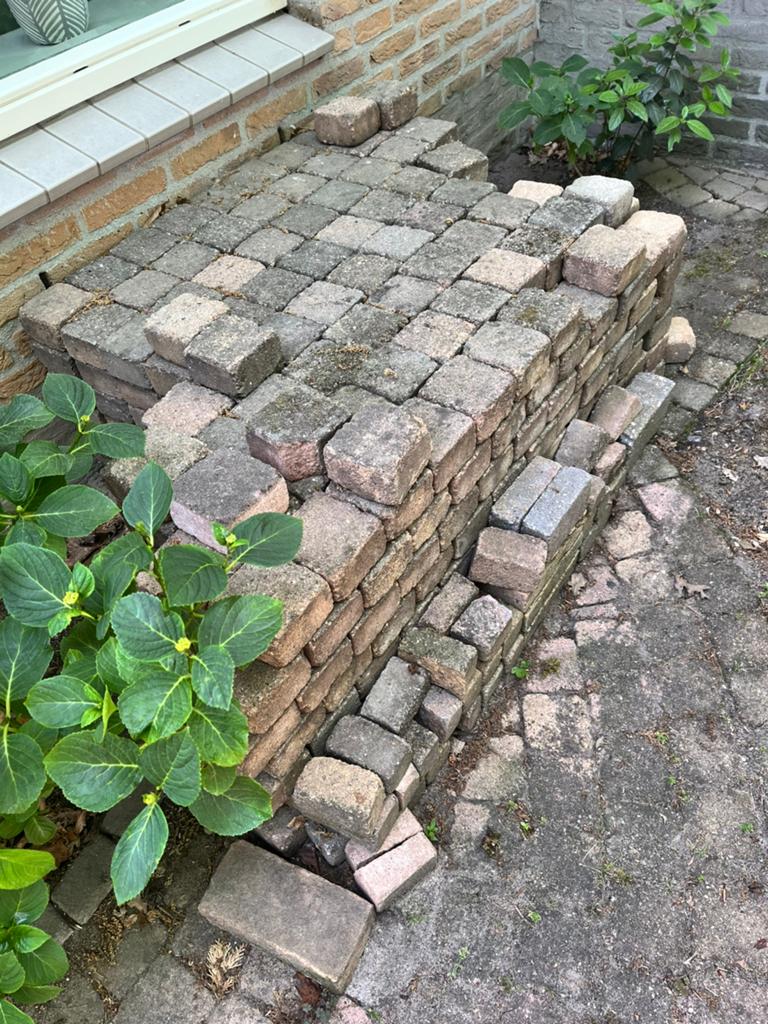 Partij getrommelde koppelstones (+/-6 m²) – AL OPGESTAPELD!, Ophalen, Gebruikt, Klinkers, 5 tot 10 m²