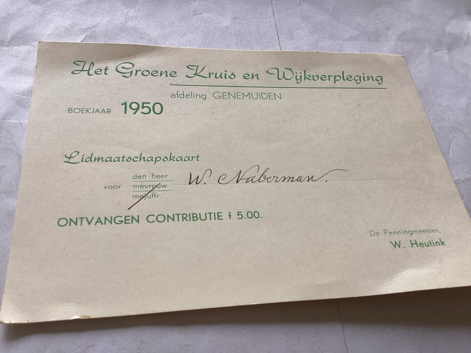 Lidmaatschapskaart Groene Kruis Genemuiden 1950, Verzamelen, Ophalen of Verzenden, Gebruikt