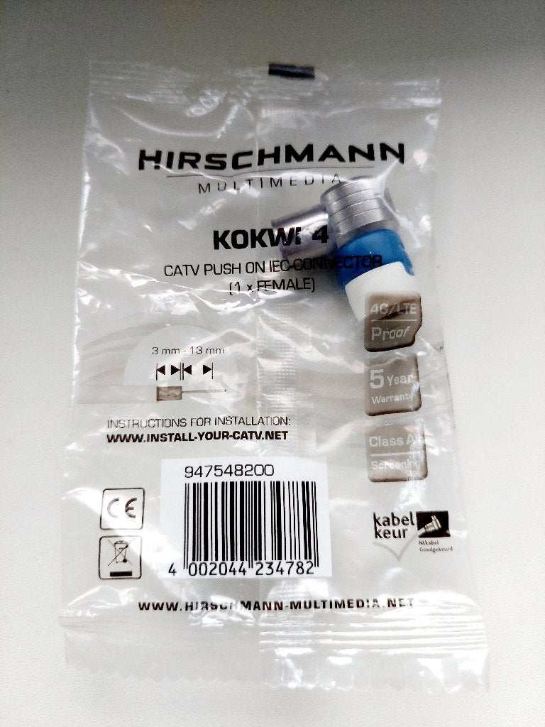 Hirschmann 947548200 KOKWI 4 coax-connector, Ophalen of Verzenden, Nieuw, Minder dan 2 meter, Coaxiale kabel