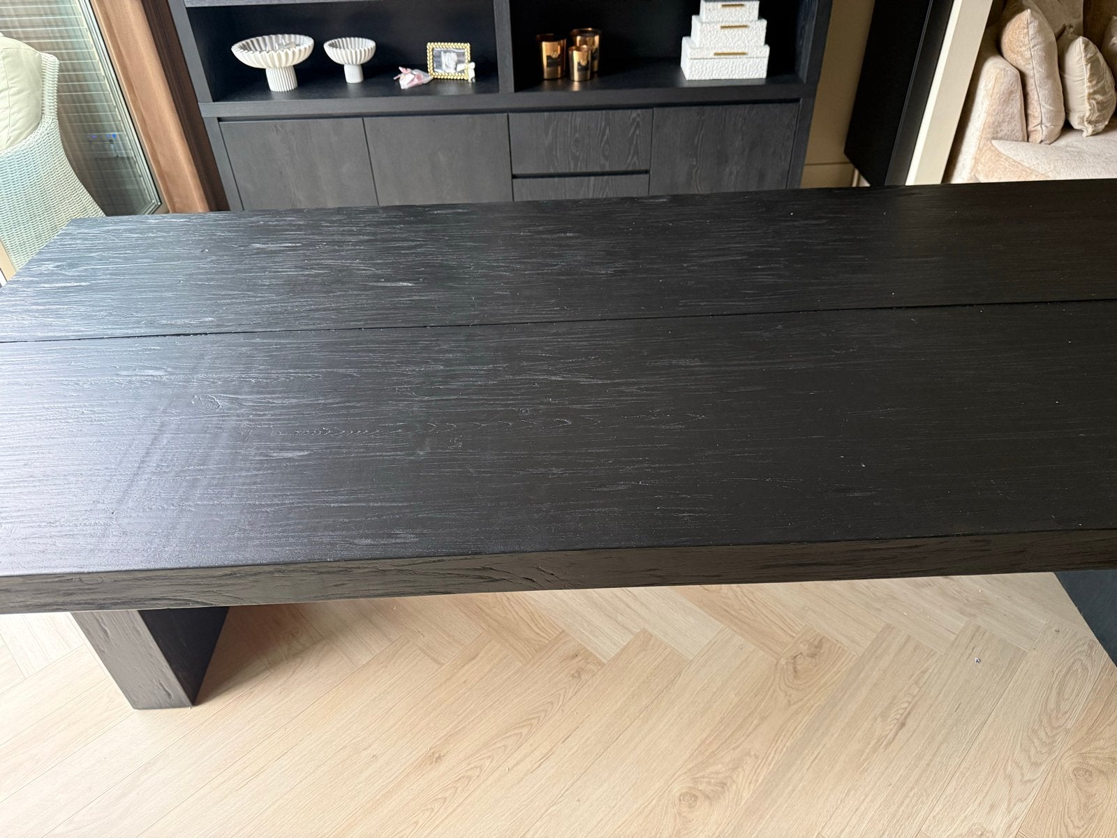 Zwarte massieve houten eettafel - 260x110x80 cm, Huis en Inrichting, Tafels | Eettafels, Ophalen, Gebruikt, 100 tot 150 cm, 200 cm of meer