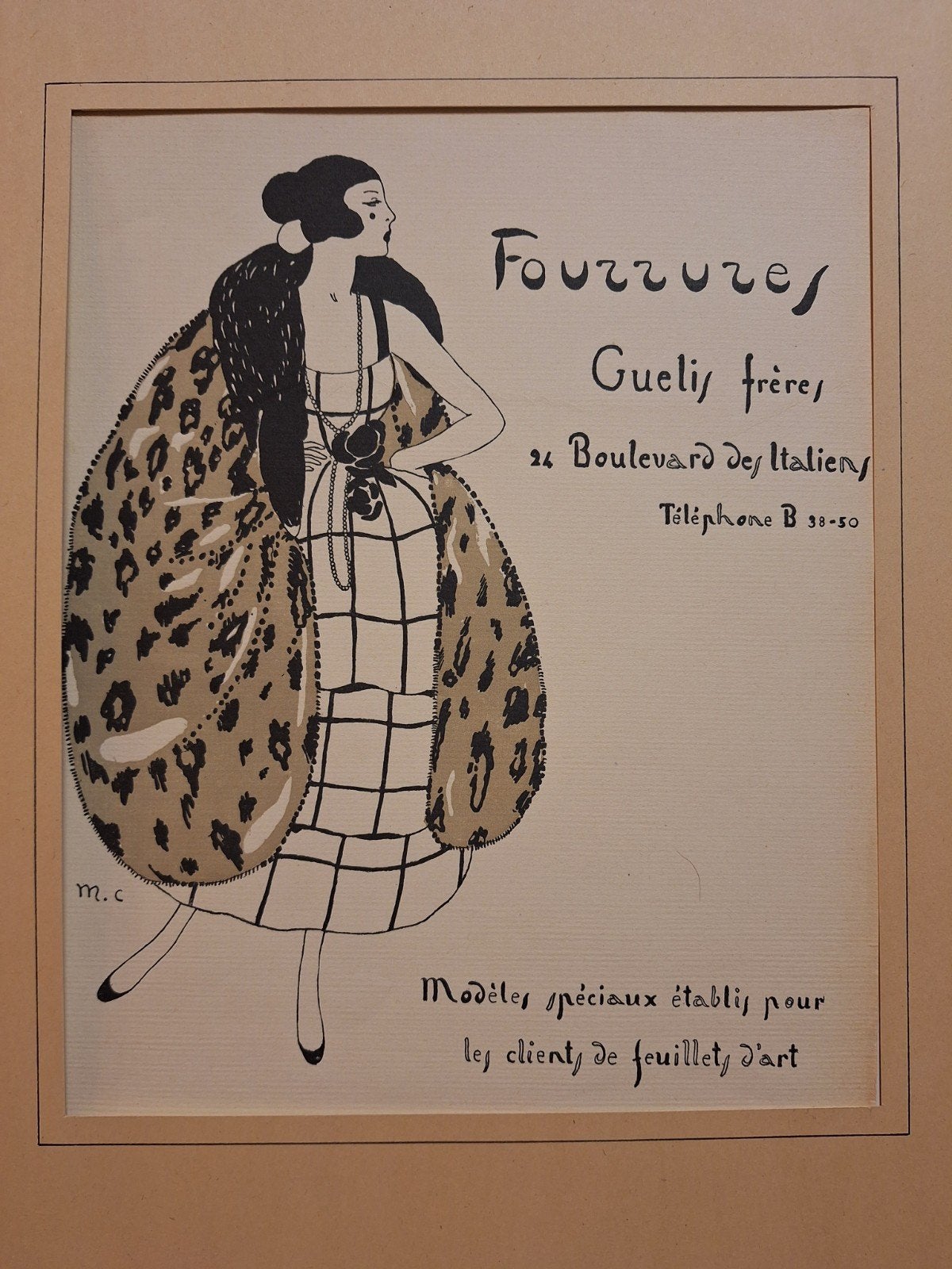 Art Deco Lithografie 'Fourrures Guelis, frères', Antiek en Kunst, Kunst | Litho's en Zeefdrukken, Ophalen of Verzenden, Portret en Figuren