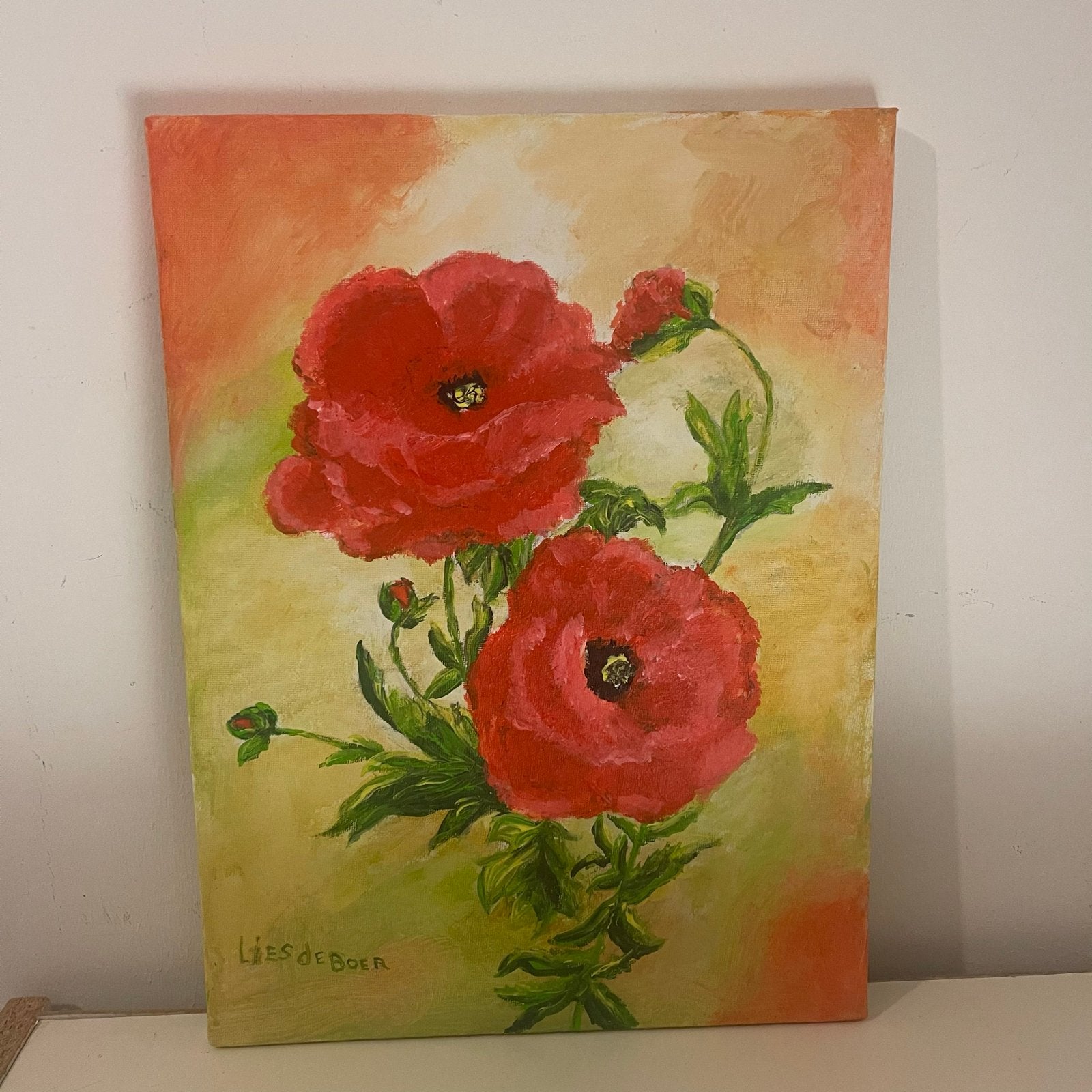 Schilderij 30x40 cm - Rode Klaprozen - Acryl op doek, Bloemen, Acrylverf, Doek, Realistisch