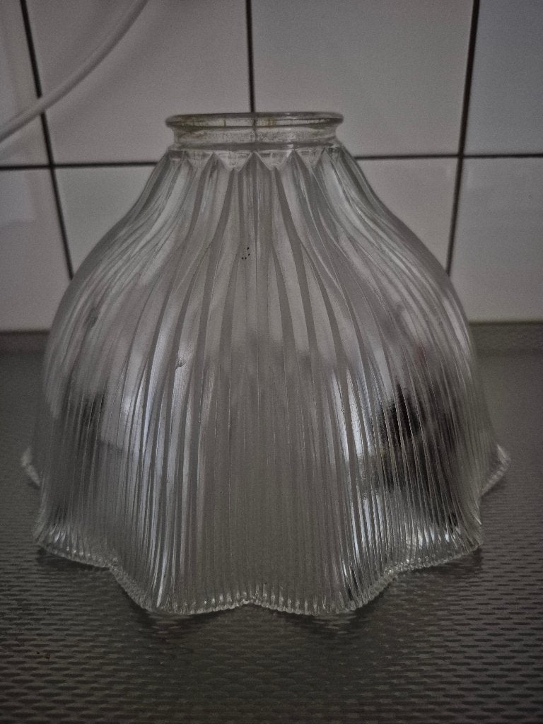 Vintage glazen lampenkap - geribbeld design, Gebruikt, Overige typen, Wit, Ophalen of Verzenden