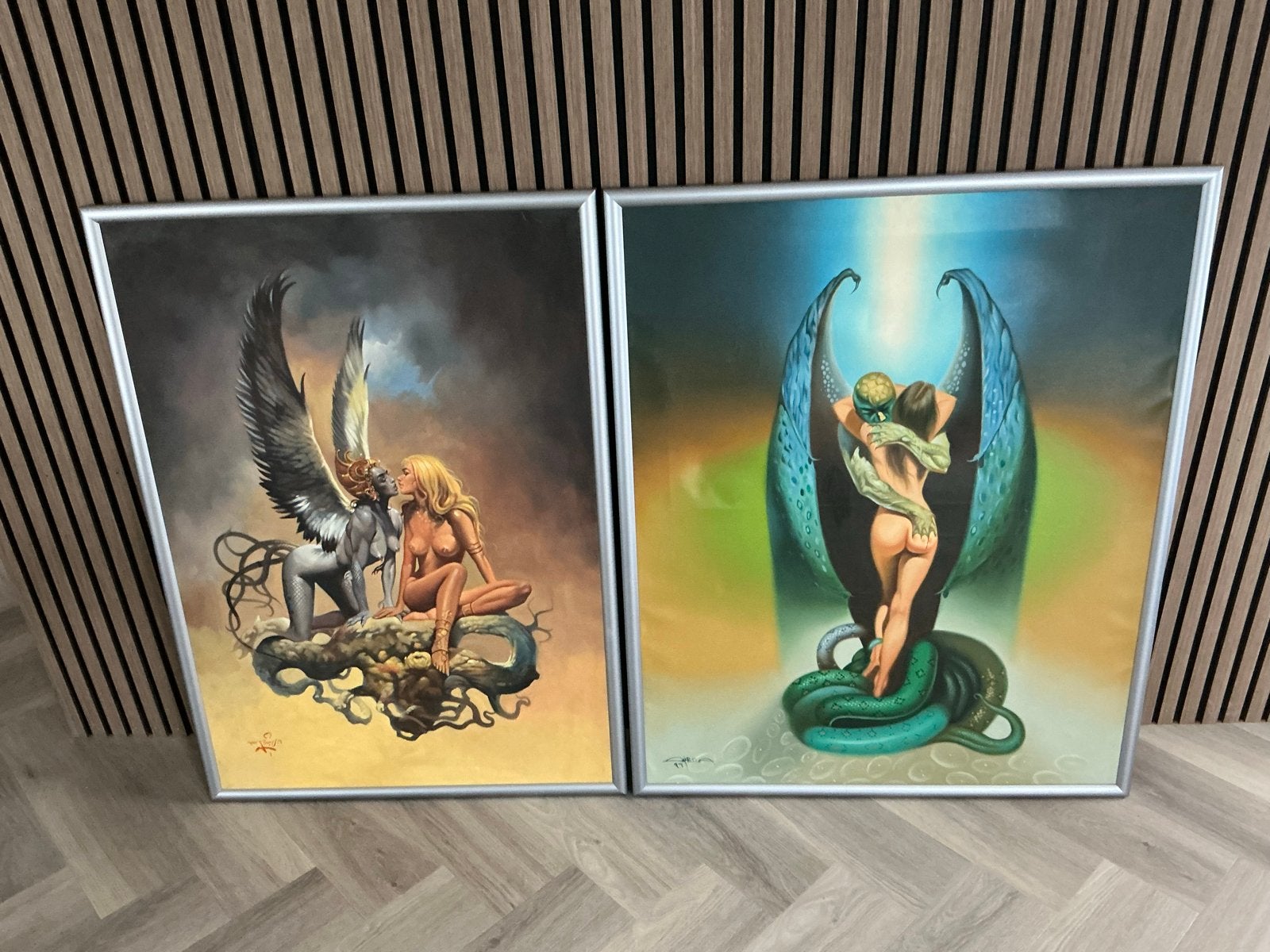 Set van 2 moderne schilderijen: Engelen en Slangen, Ophalen, Figuren, Ingelijst, Olieverf