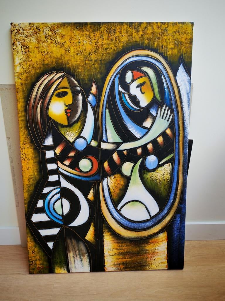 Origineel Schilderij: Vrouw met Spiegel, 60x90cm, Antiek en Kunst, Kunst | Schilderijen | Modern, Ophalen of Verzenden
