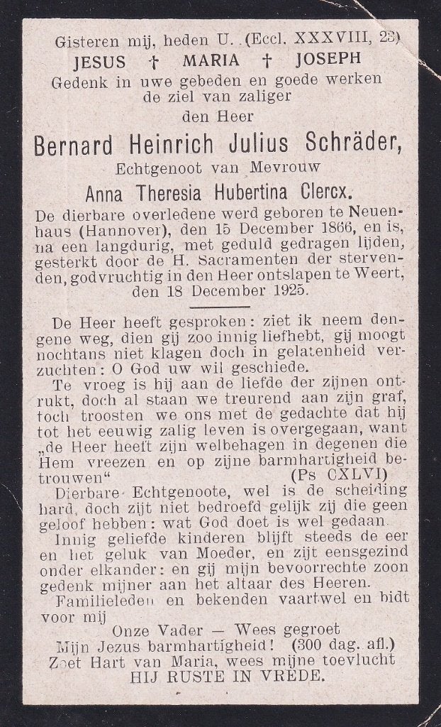 Schräder Bernard 1866 Neuenhaus 1925 Weert, Ophalen of Verzenden, Bidprentje