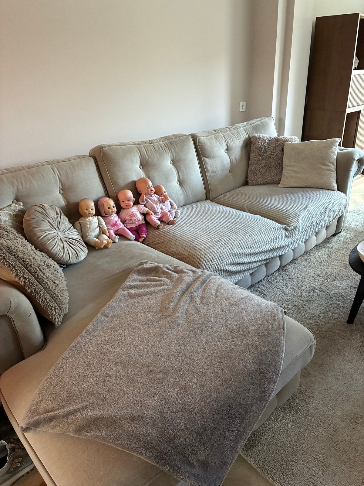 Nette urban sofa bank - Hoekbank in beige stof, Huis en Inrichting, 250 tot 300 cm, Gebruikt, 100 tot 125 cm, Hoekbank
