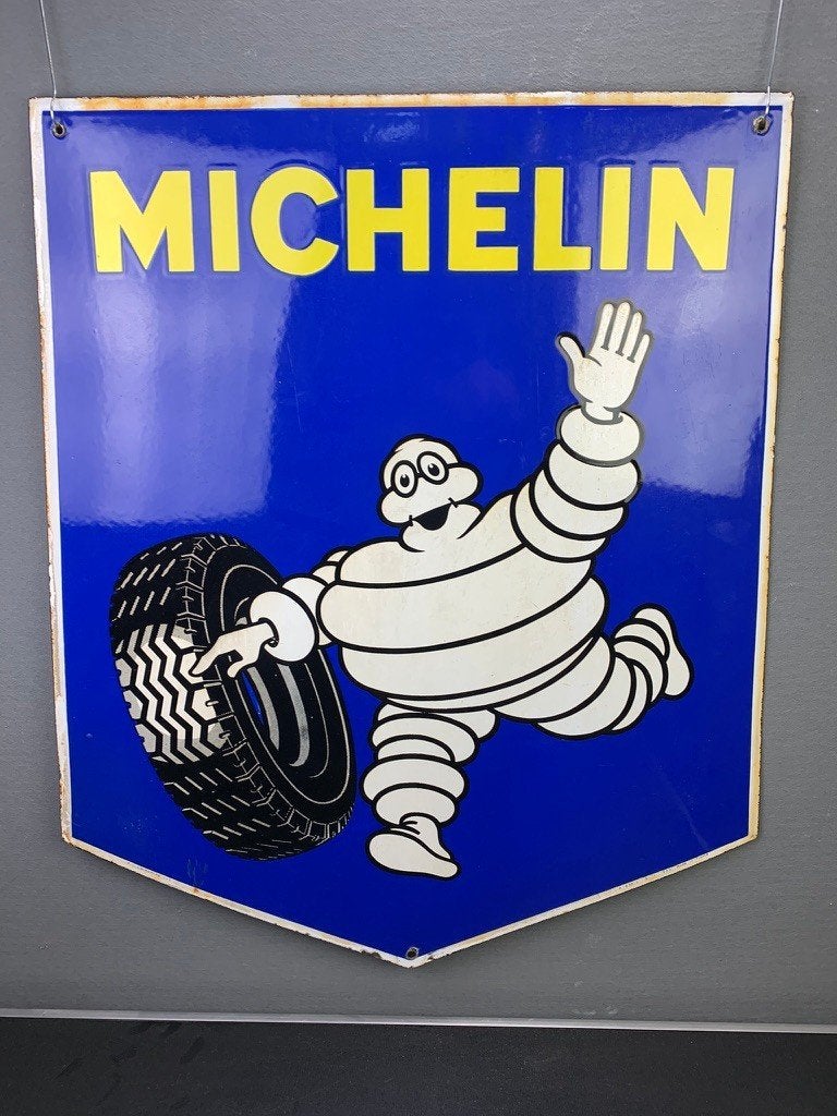 Michelin dubbelzijdig Bibendum S14 EAS 80x 68cm, Verzamelen, Merken en Reclamevoorwerpen, Reclamebord, Gebruikt, ., Ophalen of Verzenden