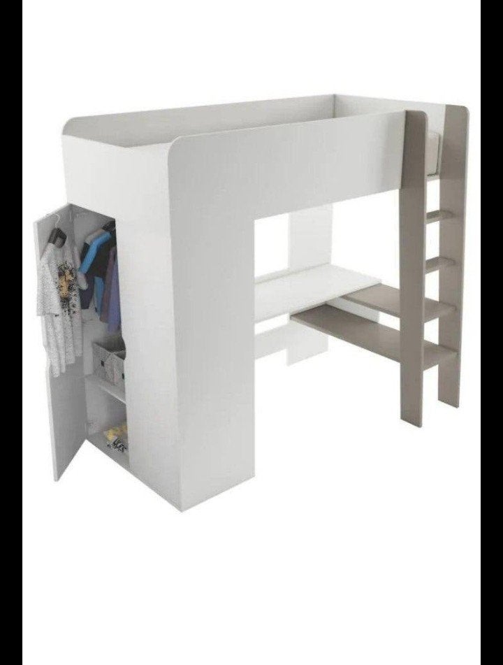Witte Hoogslaper met Bureau en Kledingkast, Ophalen, Gebruikt, Eenpersoons, 200 cm