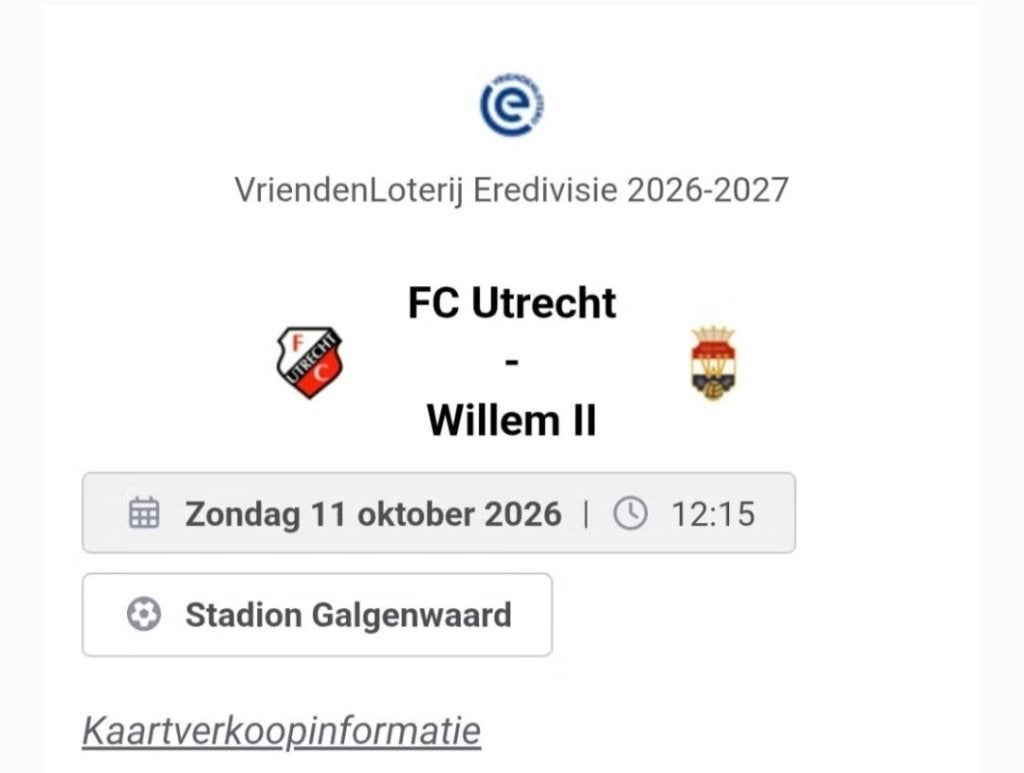 Ticket fc utrecht willem 2, Losse kaart, Eén persoon, Oktober
