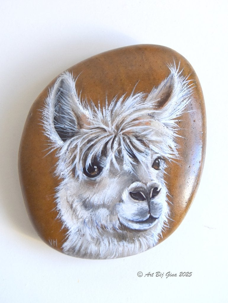 Portret van een witte Alpaca geschilderd op een riviersteen, Ophalen of Verzenden