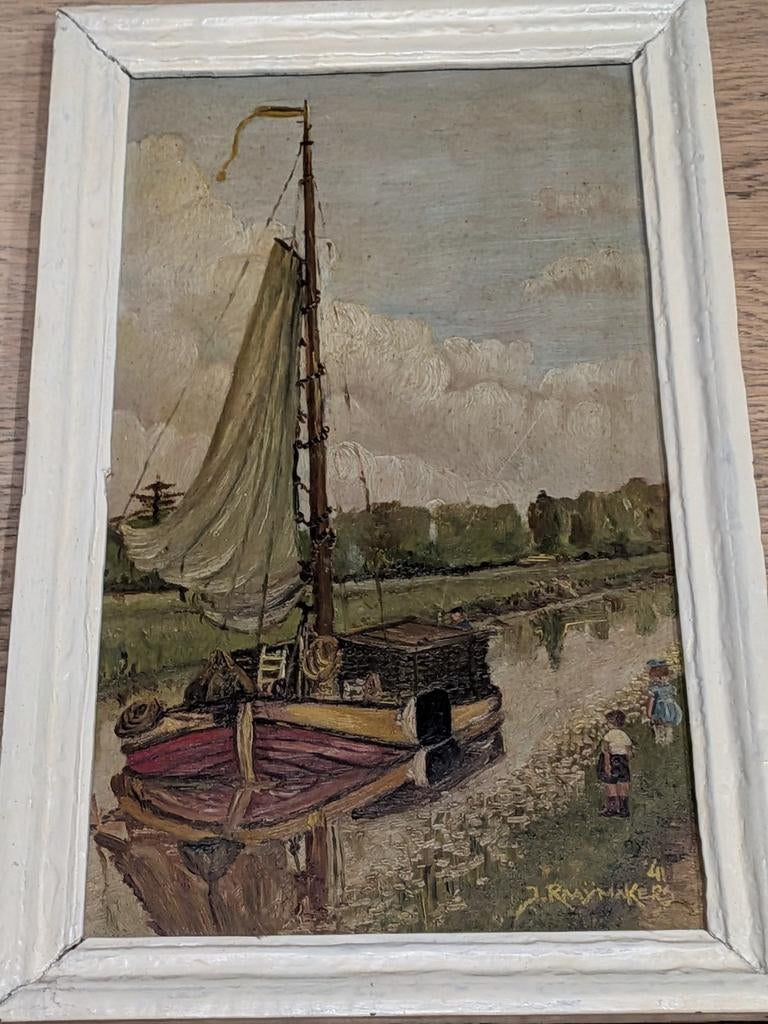 Olieverfschilderij J. Ruymaekers - Schip aan de oever, Antiek en Kunst, Kunst | Schilderijen | Klassiek, Ophalen of Verzenden