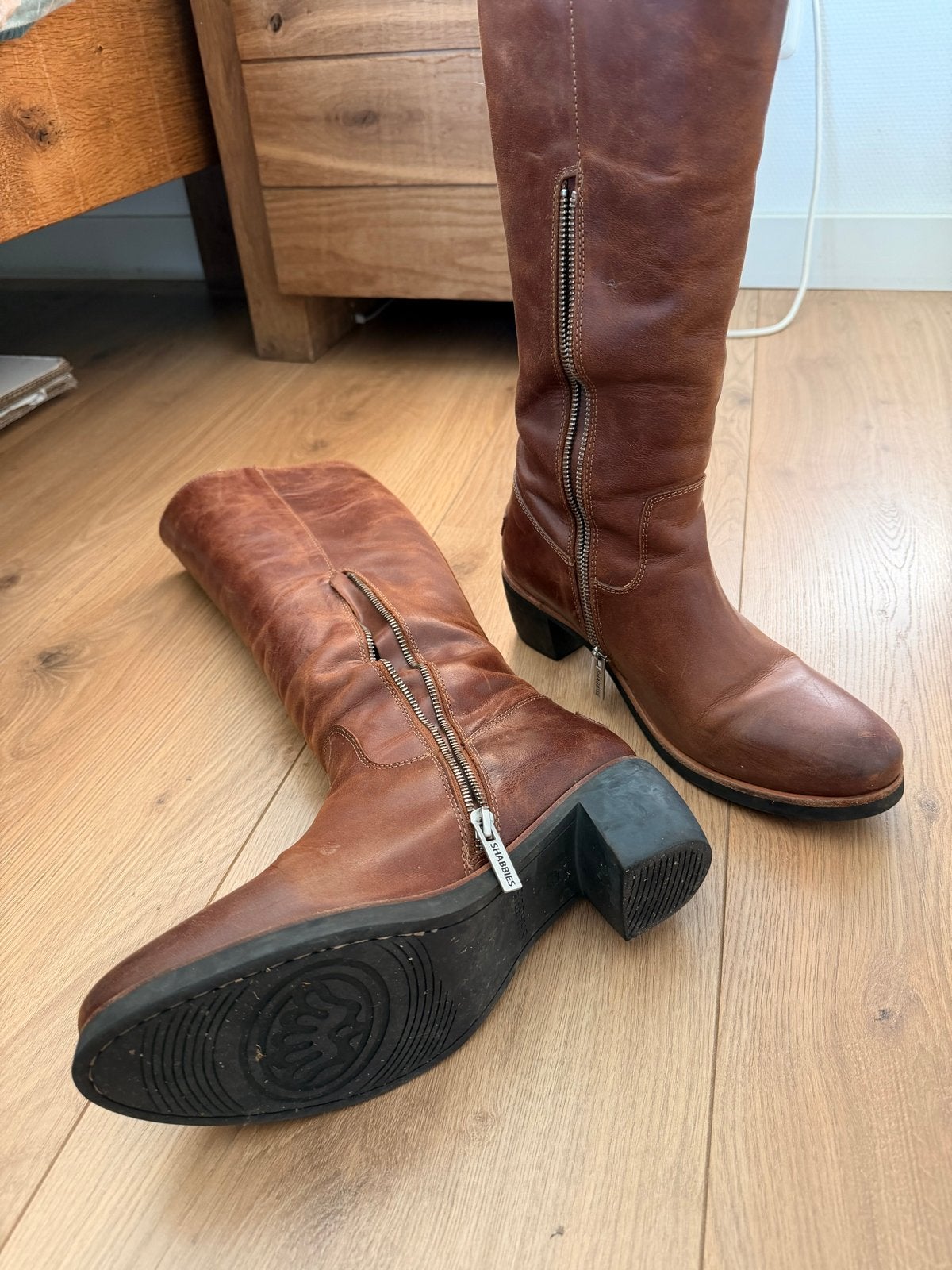 Bruine leren hoge Shabbies met rits - Maat 41, Ophalen of Verzenden, Gedragen, Bruin, Hoge laarzen