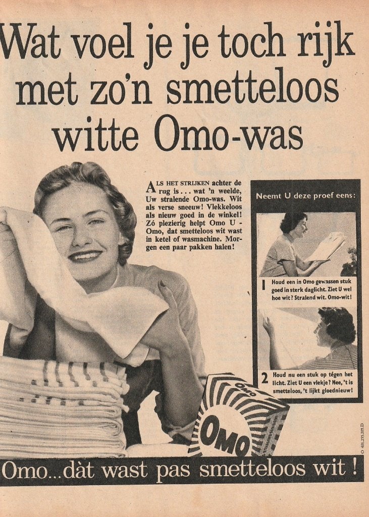 Retro reclame 1956 Omo wasmiddel smetteloos witte was, Verzamelen, Verzenden, Overige typen