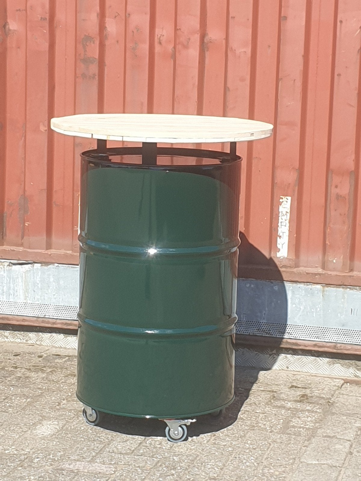 Statafel groen met houten blad op wielen, Ophalen of Verzenden, Gebruikt
