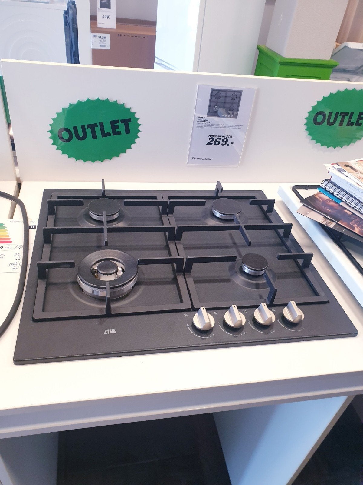 Gaskookplaat  - met Wokbrander - Mat Zwart Nieuw, Ophalen, Nieuw, 4 kookzones, Energieklasse A of zuiniger