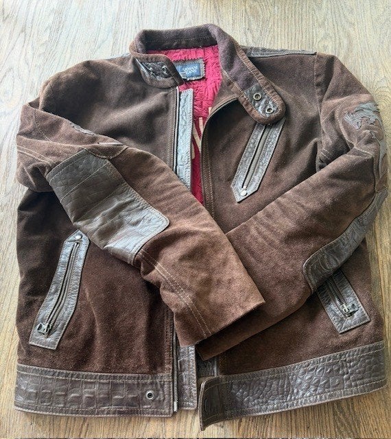 Armani leren/suede Dragonhide jas maat USA L/EU 52, Maat 52/54 (L), Armani jeans, Bruin, Ophalen of Verzenden