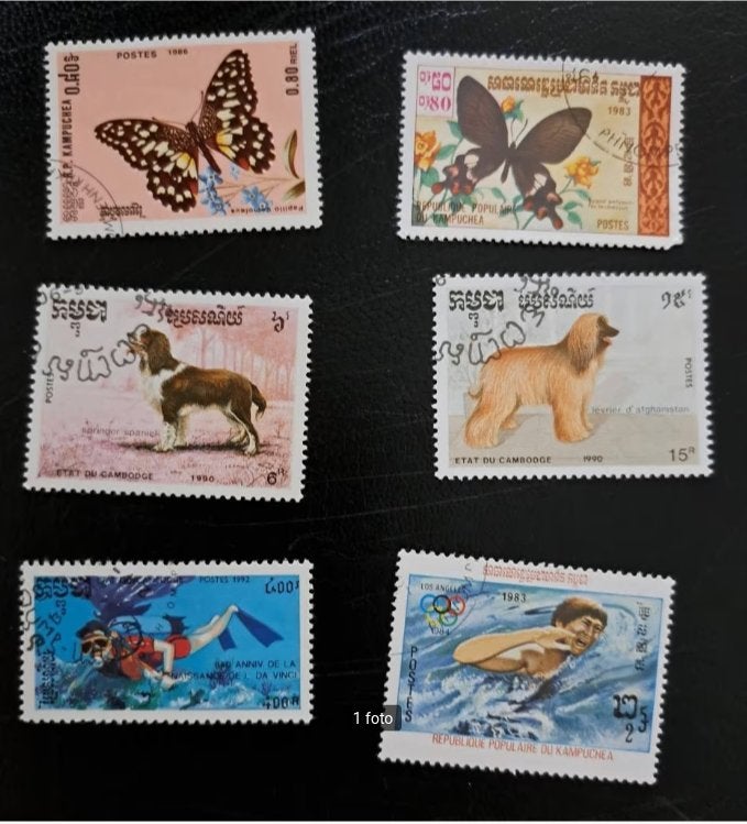 Cambodja/Kampuchea (6 zegels) gestempeld honden vlinders, Ophalen of Verzenden, Gestempeld, Oost-Azië