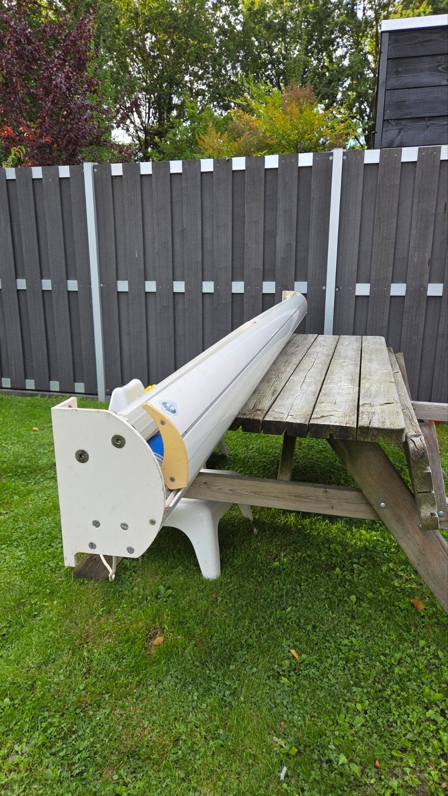 Elektrisch knikarmscherm 3m breed, 2,5m uitval, Ophalen, Gebruikt, 150 tot 300 cm, 250 cm tot 450 cm