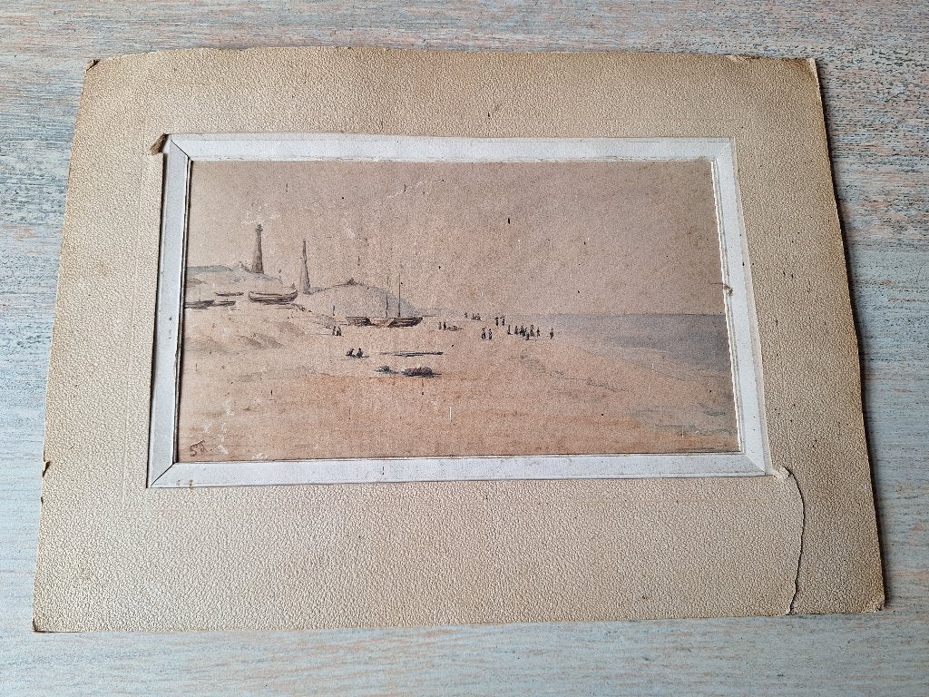 Vintage Scheveningen strandgezicht aquarel 24x34 cm, Ophalen, Maritiem / water, Aquarel, Origineel werk