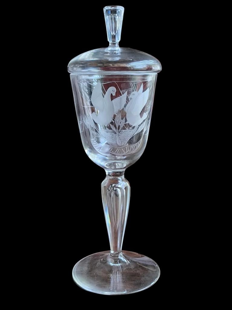 Deksel bokaal glas gegraveerd 37 cm, Ophalen of Verzenden, Zo goed als nieuw, Overige typen