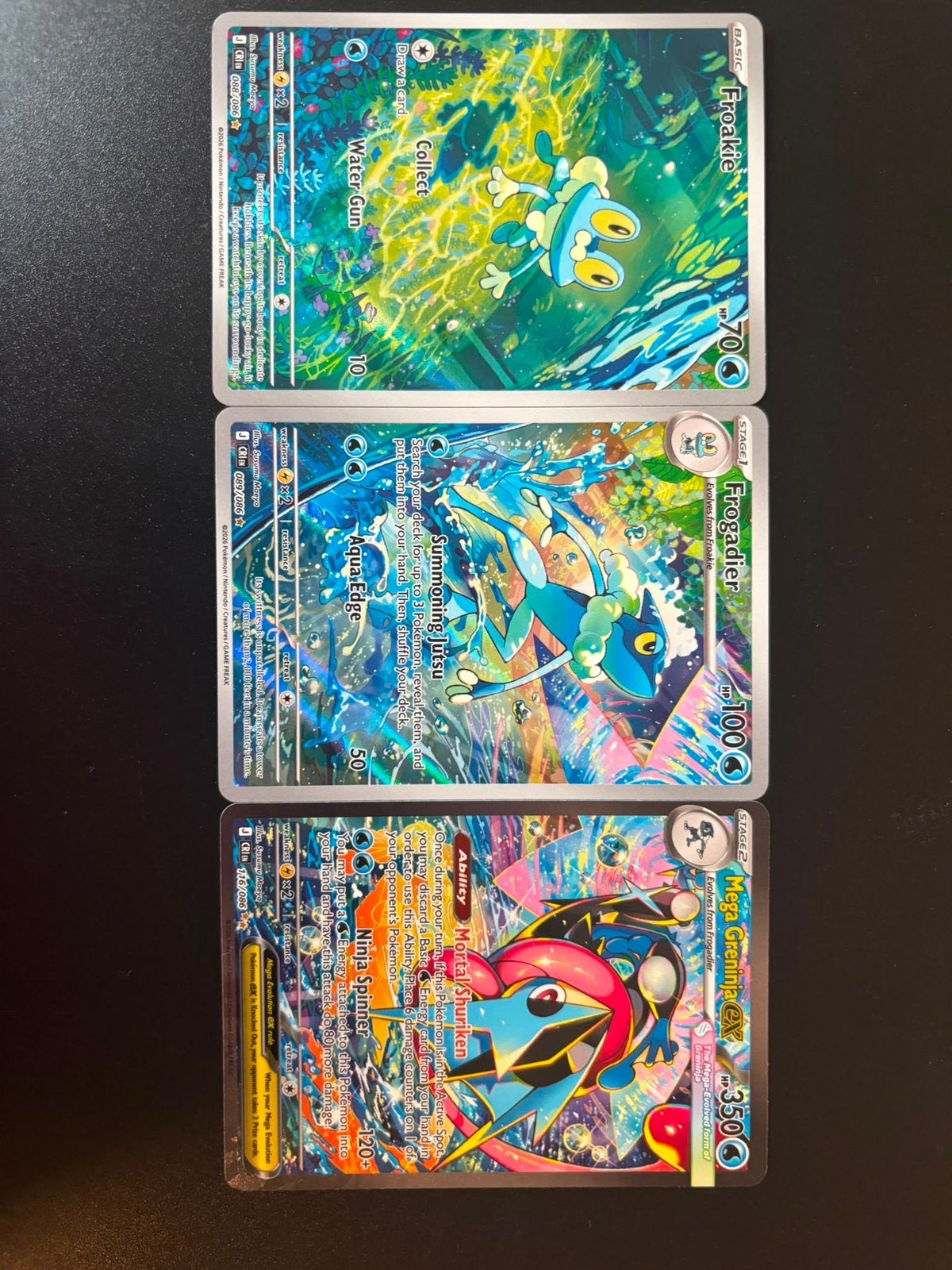 Pokemon kaarten: Froakie, Frogadier en Greninja ex, Ophalen of Verzenden, Zo goed als nieuw, Meerdere kaarten