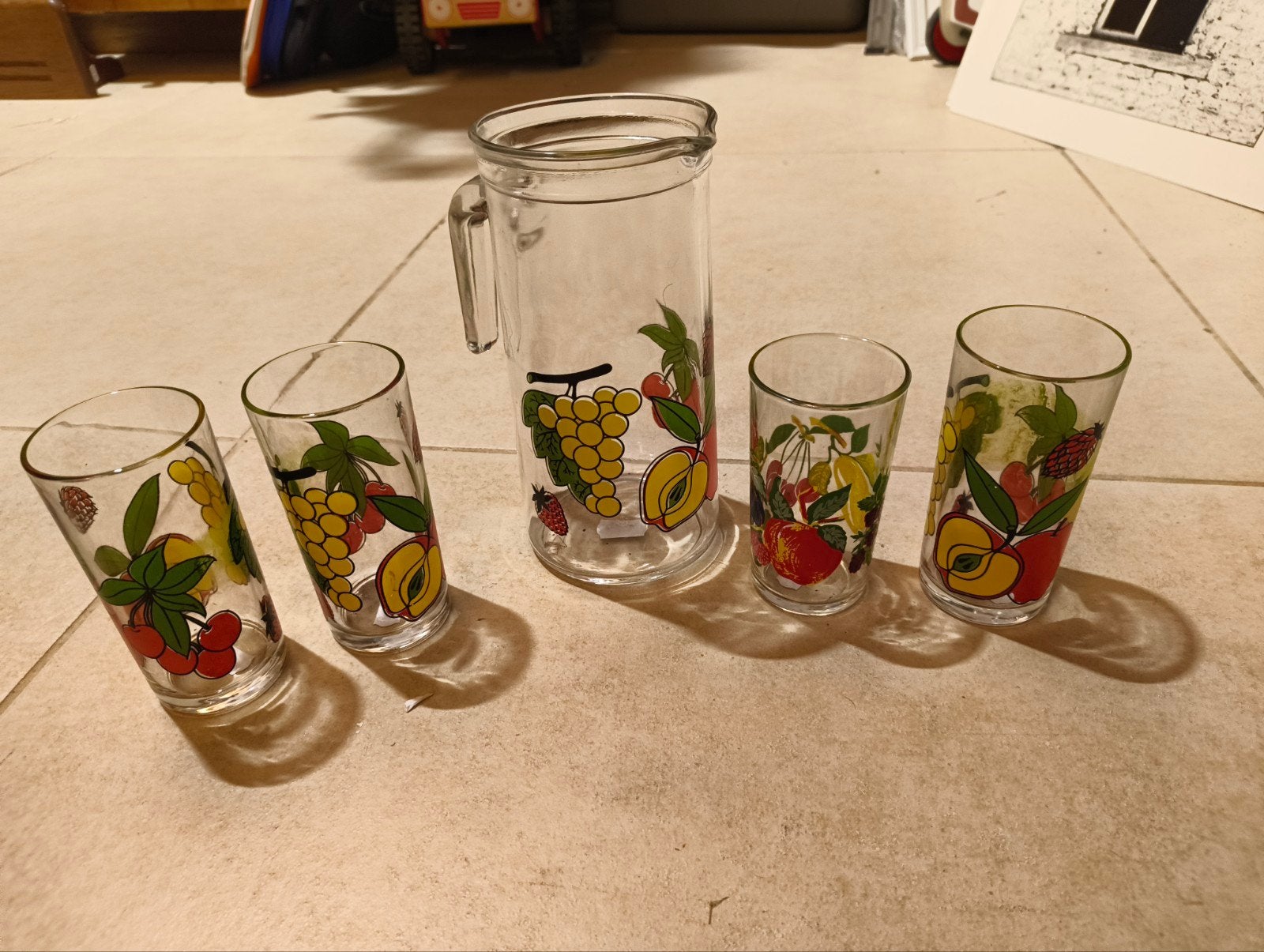 Vintage Glazen Karaf en Glazen Set met Fruitdecoratie, Ophalen of Verzenden