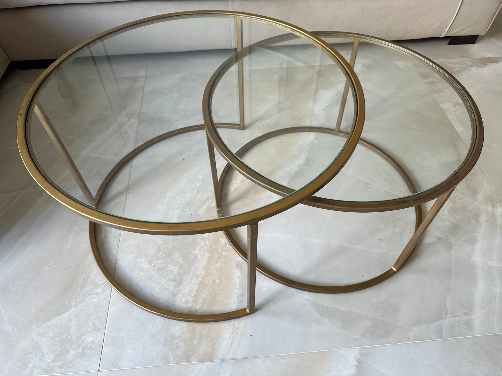 Light & Living Salontafel Duarte Glas/Antiek Goud Ø75+Ø65cm, Huis en Inrichting, Tafels | Salontafels, Ophalen, Gebruikt, 100 tot 150 cm