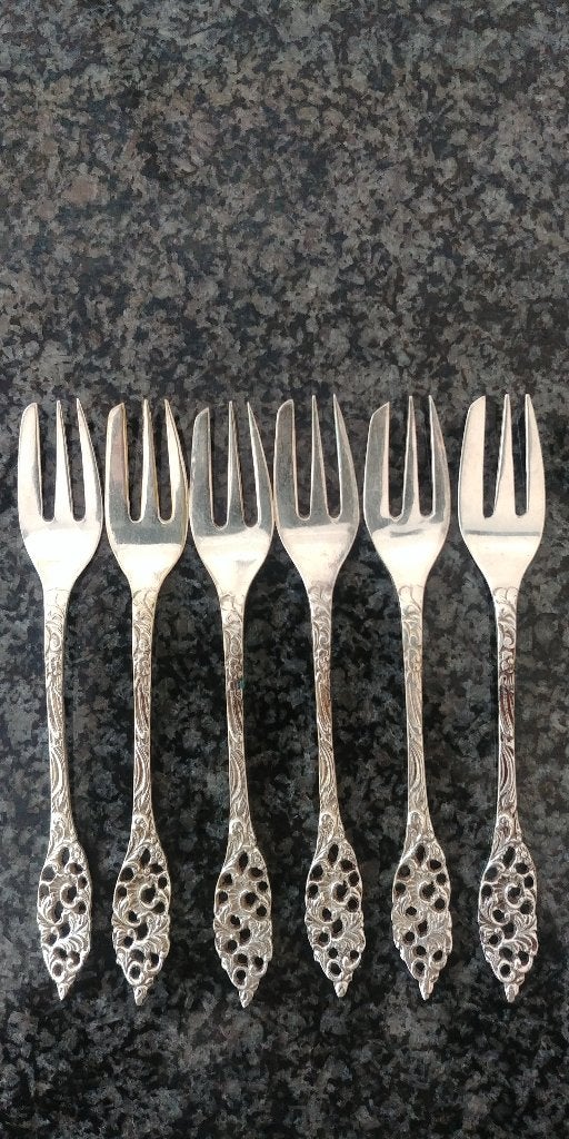 Set van 6 verzilverde dessertvorkjes, 90%, 12,5 cm, Antiek en Kunst, Ophalen of Verzenden
