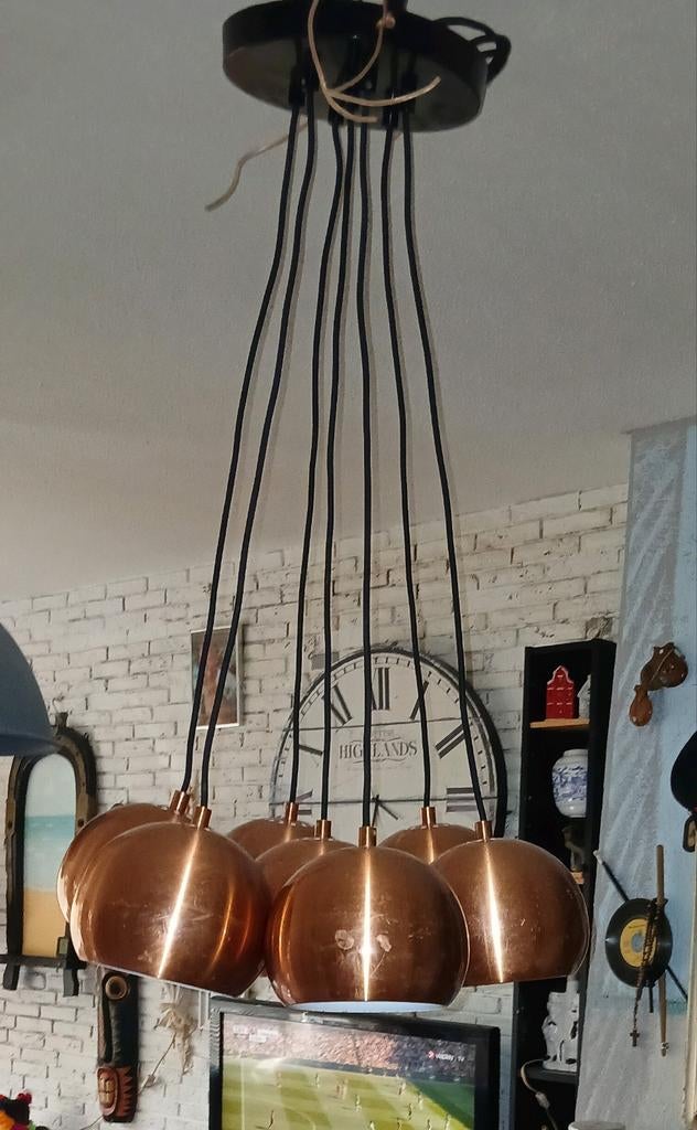 Design hanglamp 7 bollen koper, Ophalen, 50 tot 75 cm, Design, Zo goed als nieuw