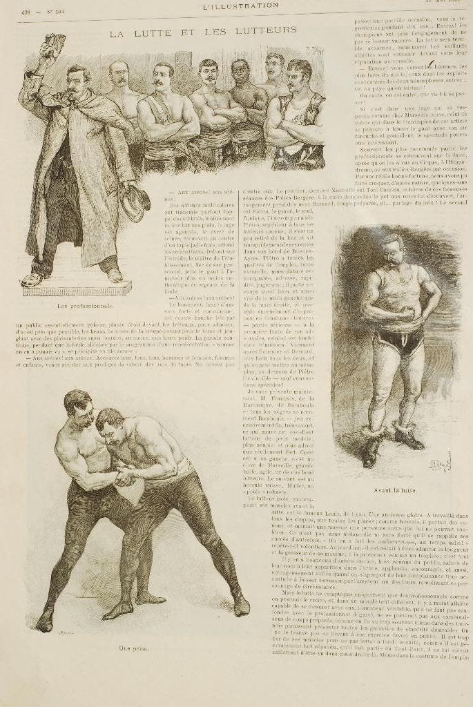 Het worstelen en de worstelaars - Antieke illustratie (1890), Verzenden, Voor 1940, Zo goed als nieuw, Overige onderwerpen
