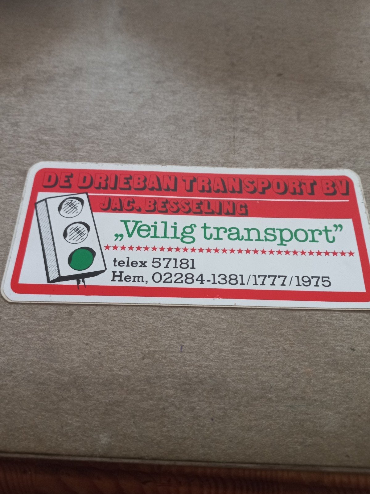 Vintage Reclamestick "Veilig transport" De Drieban Transport, Ophalen of Verzenden, Gebruikt