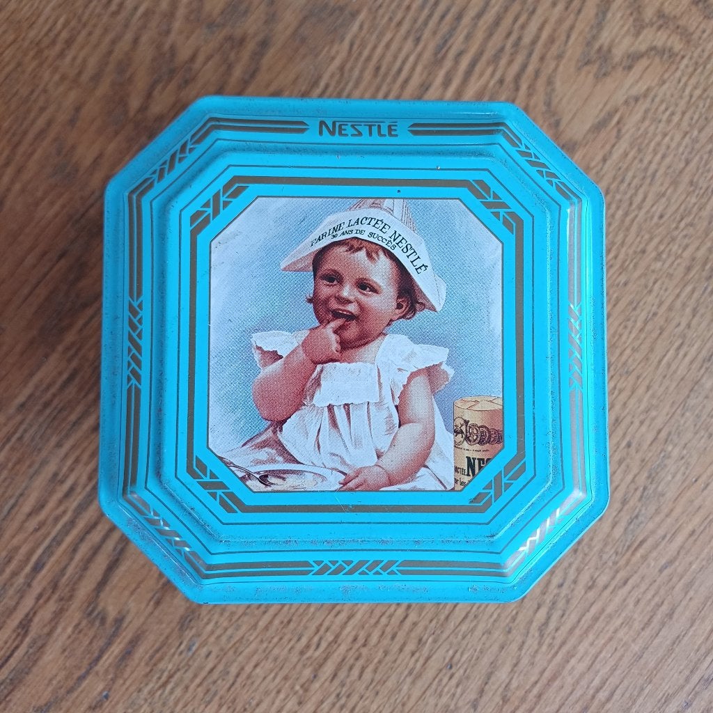 Vintage Nestlé blikje met afbeelding baby, Ophalen of Verzenden, Gebruikt, Overige, Overige merken