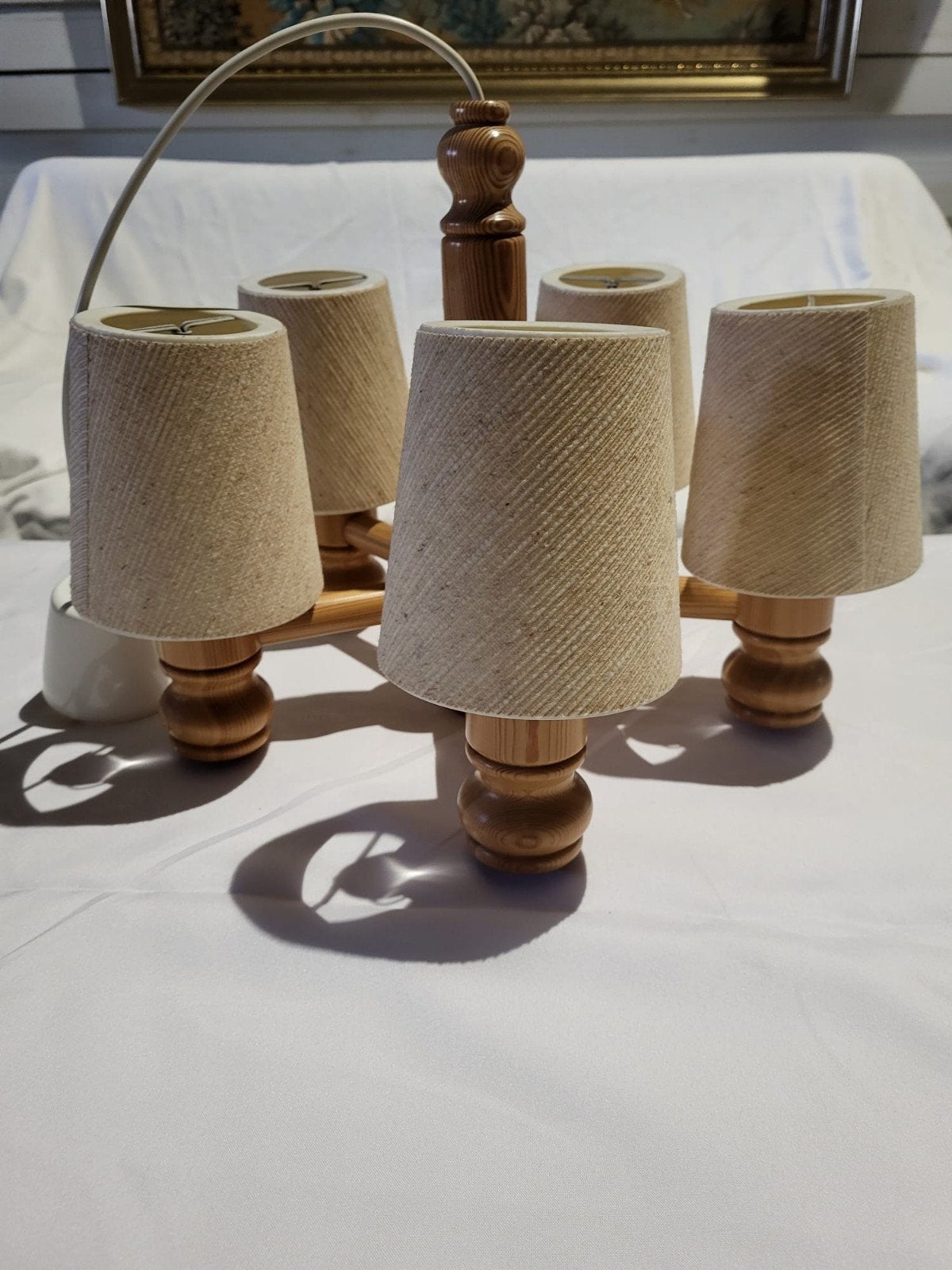 vintage grenenhout 5 arm hanglamp Zweeds of Deens, Ophalen, Zo goed als nieuw, Hout, Mcm danish scandinavisch