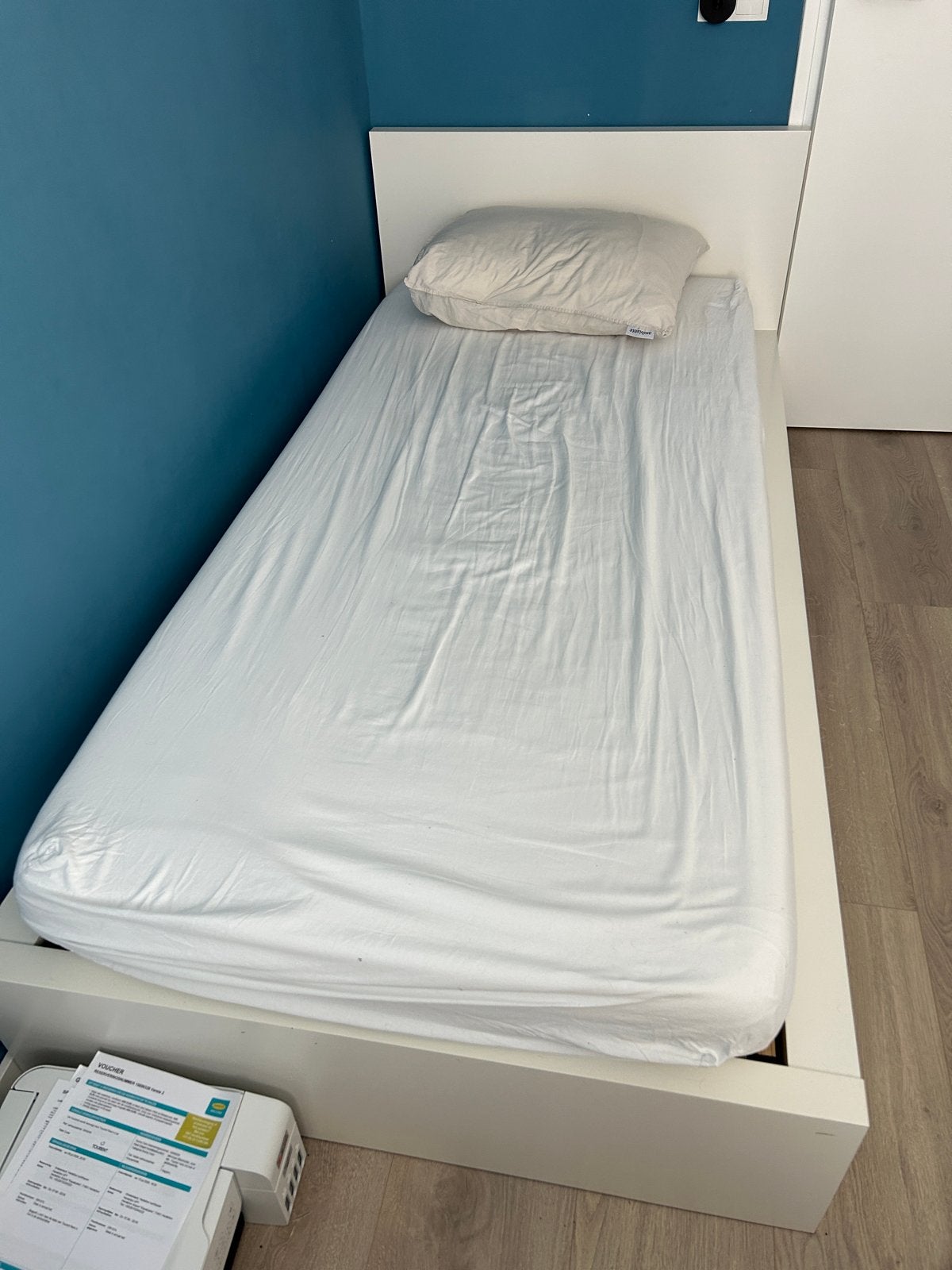 Eenpersoonsbed met hoofdbord - Wit, Ophalen, Gebruikt, 90 cm, Eenpersoons